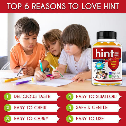 Hint Brain Memory Supplements for Kids & Teens, Omega 3 Brain Health, Focus & Eye Support Vitamins, Low Sugar 60 Gummies Support Attention & Conce...