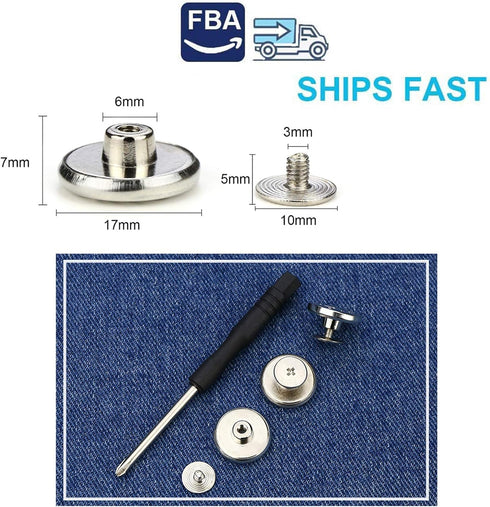 12 Sets Silver Jeans Buttons Replacement 17mm No Sewing Metal Button Repair Kit Nailess Removable Jean Buttons Replacement Combo Thread Rivets and...