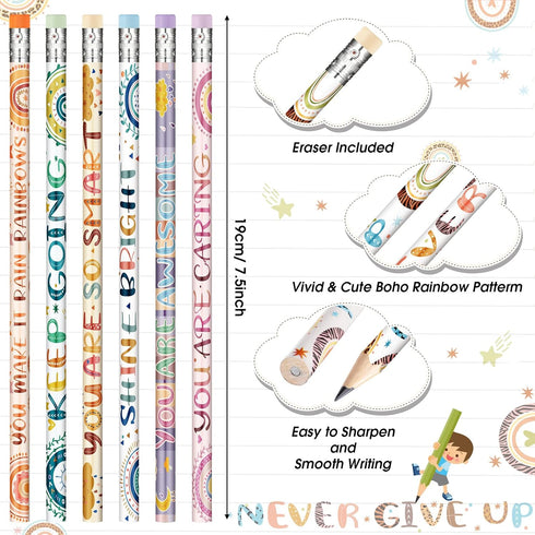 Funrous 60 Pieces Motivational Pencils Bulk Fun Pencils for Kids Students Boho Rainbow Inspirational Pencils with Sayings Welcome Back to School P...