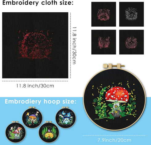 ERKOON 5 Sets Embroidery Kit for Beginners, Art Craft Handy Sewing Set Mushroom Cross Stitch Starter Kits, DIY Embroidery Kits with Patterns and I...