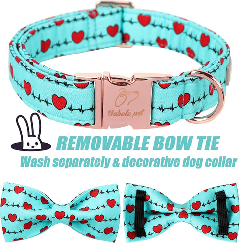 Valentine's Day Dog Collar with Bow Tie,Green Love Heart Signal Male Dog Collar with Safety Metal Buckle Adjustable Puppy Collars for Small Medium...