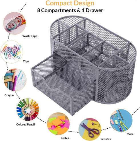 Desk Organizer and Accessories, Grey Desk Organizer with Drawer, Desktop Mesh Pencil Pen Holder with 8 Compartments for Office, Home, School, Clas...