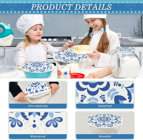 Reusable Stretchy Bowl Covers 5 Pieces, Circle Floral Blue Food Storage Container Elastic Covers, Dough Covers Reusable Fabric Covers for Bread Pr...