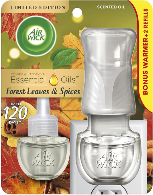 Air Wick Plug in Scented Oil Starter Kit (Warmer +2 Refills), Forest Spice & Leaves, Fall Scent, Essential Oils, Air Freshener...