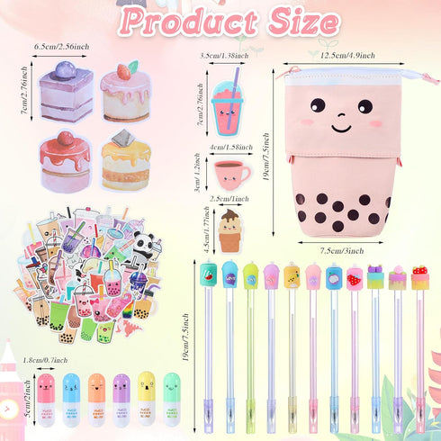 Sabary 228 Pcs Kawaii Stationary Set Include Telescopic Boba Pencil Pouch Case Bag Gel Ink Pen Sticky Note Bubble Tea Sticker Pill Highlighter Sta...