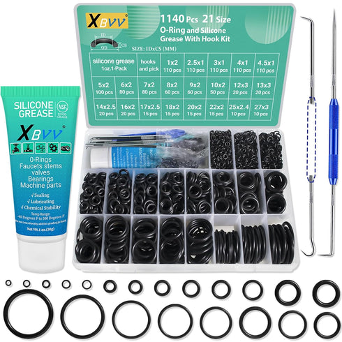 1140 Pcs 21 Size Faucet O-Ring Assortment Kit with Food Grade Silicone Grease Lubricating for Pressure Washer Rubber Oring Plumbers Seal Repair...