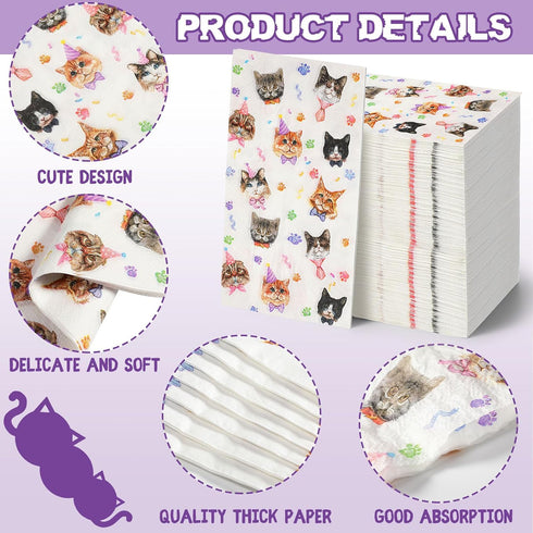 100 Pack Cat Disposable Paper Napkins Cat Guest Napkins Kitten Bathroom Hand Towels Cat Birthday Party Supplies Farm Animal Party Napkins for Baby...