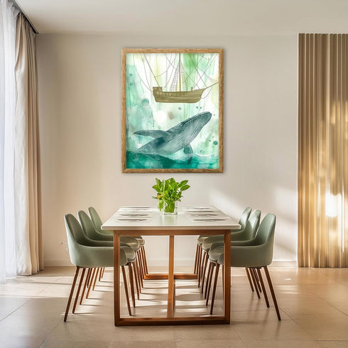 Posterizer 1 pcs-watercolor inspired art-grand whale and a ship 2-Coastal & Nautical Art-Collectibles & Fine Art-Living Room Bedroom Decor- unfram...