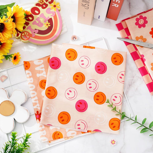 Whaline 6Pcs Retro Groovy Cotton Fabric Bundles 18 x 22 Inch Pink Orange Checkered Flower Fat Quarters Groovy Hippie Quilting Patchwork Squares Se...