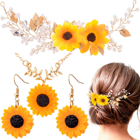 OIIKI Sunflower Bridal Accessories Kit, Wedding Sunflower Headband, Bridal Sunflower Necklace Earrings, Flower Crystal Hair Vine Decorative Clips ...