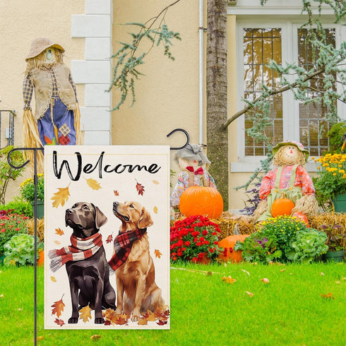 Welcome Fall Dog Garden Flag For Outside Thanksgiving Garden Flags 12x18 Double Sided Front Yard Small Flag Burlap Golden Retriever Labrador Outdo...