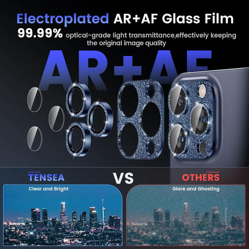 Tensea for iPhone 15 Pro/iPhone 15 Pro Max Camera Lens Protector, Bling Tempered Glass Cover Camera Screen Protector with Metal Ring Protector, Ca...
