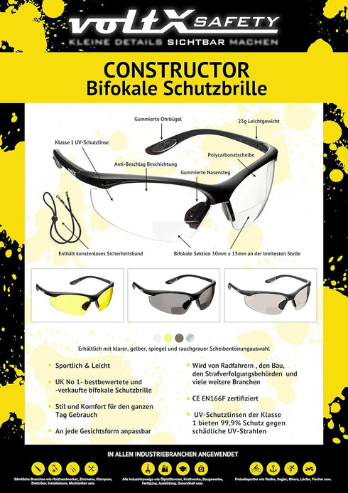 voltX 'CONSTRUCTOR' BIFOCAL Reading Safety Glasses (CLEAR +2.5 Dioptre) ANSI Z87.1+ & CE EN166F, certified/Cycling Sports Glasses includes safety ...