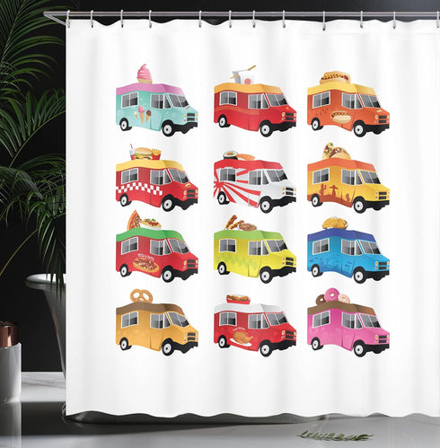 Ambesonne Truck Shower Curtain, Ice Cream Doughnut Burgers Pizza Sushi Hotdog Colorful Food Truck Illustration, Cloth Fabric Bathroom Decor Set wi...