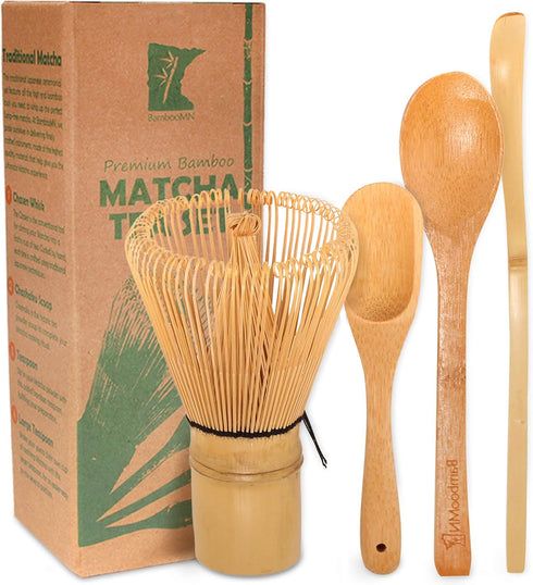 BambooMN Matcha Whisk Set - Golden Chasen (Tea Whisk) + Chashaku (Hooked Bamboo Scoop) + Tea Spoon - 1 Set - Premium Matcha Set to Prepare a Tradi...