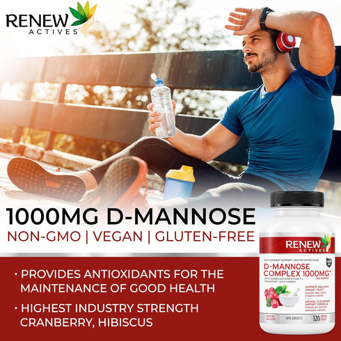 Renew Actives HIGH Potency D-Mannose & Cranberry Complex 1000MG – with Premium Hibiscus, Dandelion Herb Extracts – Antioxidant Support - NO Artifi...