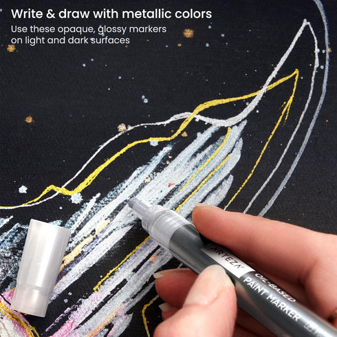 ARTEZA Metallic Oil Based Paint Markers, 12-Pack, 6 Silver and 6 Gold, 1.3 mm Line, Permanent Pens, Craft and Art Supplies for Canvas, Wood, Glass...