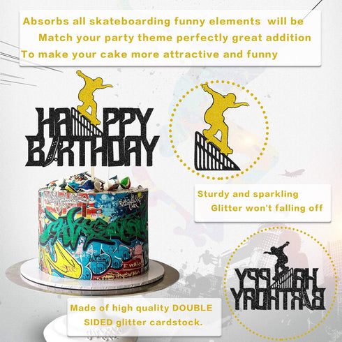 Glitter Happy Birthday Skateboard Cake Topper for Extreme Skateboard Sport Skateboarding Graffiti Theme Birthday Party Cake Decorations...
