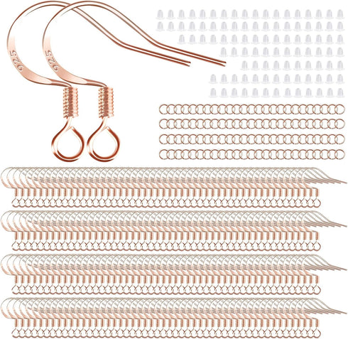 200 PCS/100 Pairs Rose Gold Tone Earring Hooks 925 Sterling Silver Plated Hypoallergenic Ear Wires Fish Hooks with 100 PCS Silicone Earring Backs ...