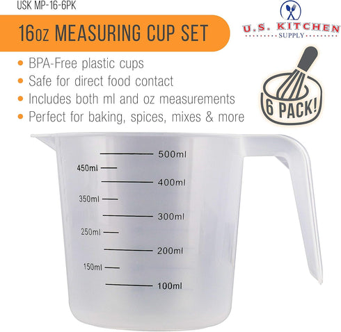 U.S. Kitchen Supply Plastic Measuring Cups with Handles - 16 oz (500 ml) Liquid Measuring Cup Set of 6 - Clear Microwave Safe Kitchen Cups - Measu...