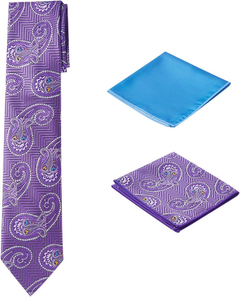 Men's Woven Paisley Regular Length Neck Tie with 2 Handkerchief Pocket Squares Hanky Set - Dark Purple Light Blue...