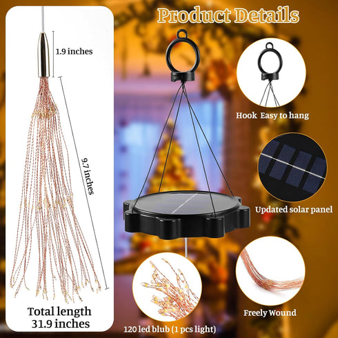 2 PCS Solar Lights Outdoor Solar Firework Lights, 240 LED Solar Powered Hanging Lights Outdoor Waterproof Hanging Fairy Garden Lights Landscape Li...