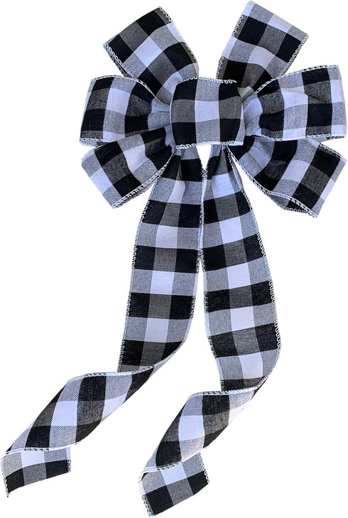 Buffalo Plaid Christmas Wreath Bow - 10" Wide, 18" Long Pre-Tied Bow, Black and White Checkers, Fall Decor, Door Decoration, Swag, Wreath, Garland...