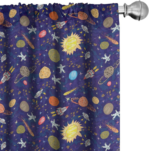 Lunarable Space Curtains, Astronomy Themed Composition with Hand Drawn Planets Sun Rockets Stars and Astronauts, Window Treatments 2 Panel Set for...