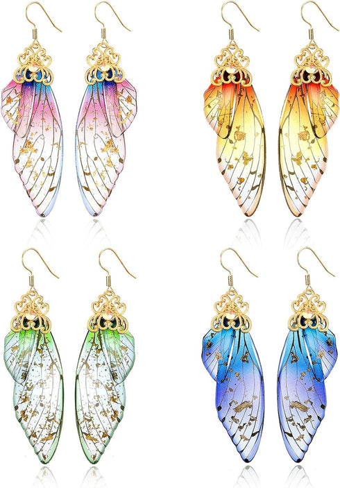 4 Pairs Butterfly Wing Drop Earrings Butterfly Fairy Dangle Earrings Multicolored Butterfly Wing Hook Earrings Simulation Insect Butterfly Wings f...