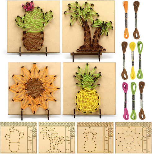Janlaugh Set of 4 Summer String Art Kit Palm Trees Cactus Sunflowers Pineapple String Art Craft Wood Box Sign Make Your Own String Art Board with ...