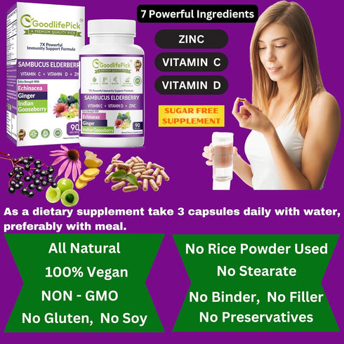 7 in 1 Elderberry with ZINC, Vitamin C, Vitamin D, Echinacea, Ginger & Indian Gooseberry (Amla).Premium Elderberry Capsules 90 ct, All Natural,Non...