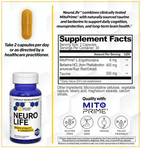 NEUROLIFE Brain Supplement for Cognitive Vitality - Longevity Support w/Taurine 500mg - Clinically Tested MitoPrime L-Ergothioneine - Berberine fo...
