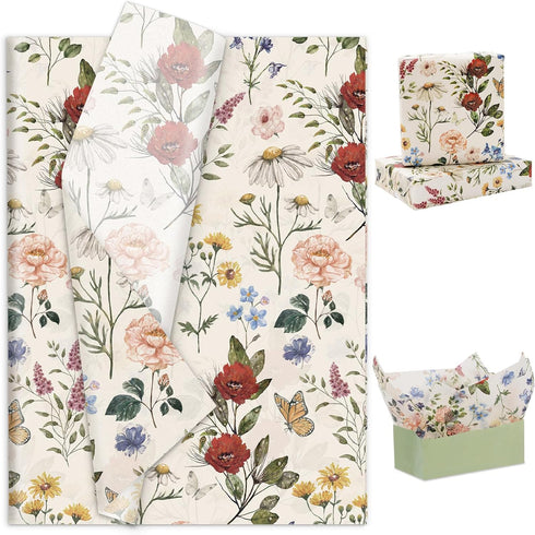 Generic AnyDesign 100 Sheets Floral Tissue Paper Vintage Wildflower Gift Wrapping Paper Butterfly Flower Printed DIY Art Craft Paper for Spring We...