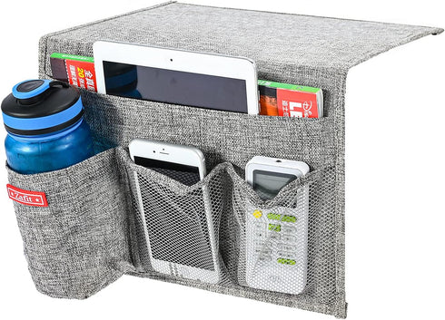 Linen 4 Pockets Bedside Caddy, Bedside Storage Organizer with Water Bottle Holde for Magazine, Remotes, Phone (Grey)...