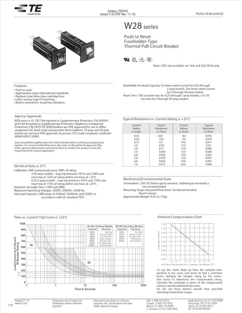 TE Connectivity 20A Thermal Circuit Breaker W28-XQ1A-20 | Push to Reset | Snap-in Front Panel...