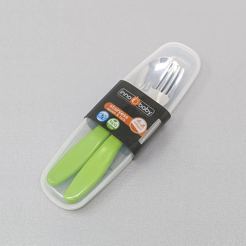 Innobaby Din Din Smart EZ Grip Spoon and Fork with Carrying Case, Utensil Set for Kids and Toddlers, BPA Free (Green)...