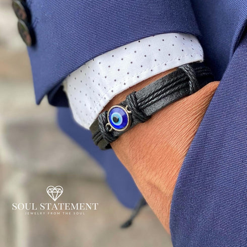 Evil Eye Bracelets for Men, Nazar Charms on a Handmade Black Leather Adjustable Wrap, Hamsa Hand Jewelry…...