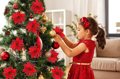 RECUTMS 10 PCS Red Glitter Poinsettia Flowers Christmas Tree Ornaments Fake Christmas Flowers Artificial Christmas Flowers Decorations Wedding Xma...