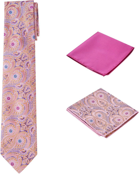 Men's Woven Paisley Regular Length Neck Tie with 2 Handkerchief Pocket Squares Hanky Set - Pink Fuchsia...