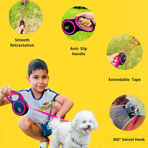 Dog Leash Retractable,Sturdy, Heavy-Duty, Tangle-Free, Soft,Anti-Slip Handle & Easy One Hand Brake for Puppy, Small, Medium, Large Breeds Dogs (Pi...