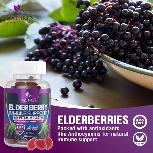 Immune Support Gummies - Powerful Sambucus Elderberry Gummies with Elderberry Extract, Zinc & Vitamin C Gummy, Max Potency Natural Vegan Immune Su...