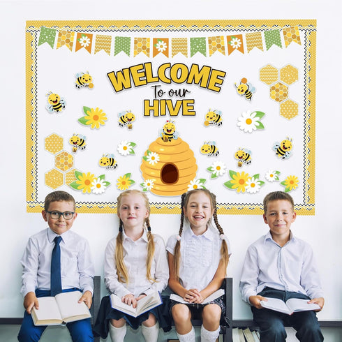 77Pcs Bee Bulletin Board Decorations Summer Bee Hive Cutout Classroom Bulletin Board Border Set Decoration Bee Sunflower Cut Outs for Wall Decor C...
