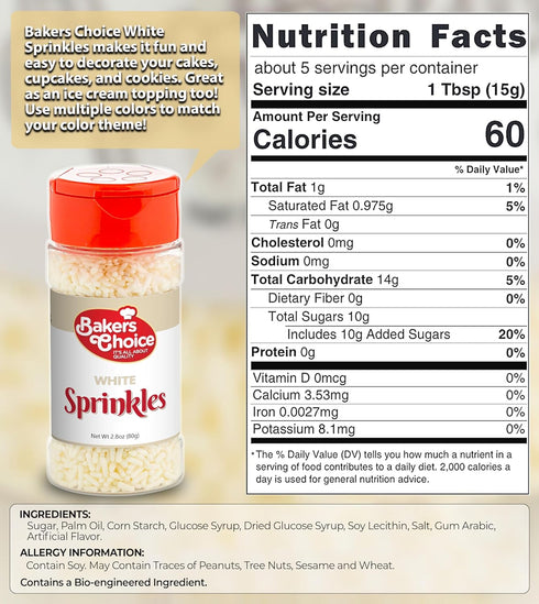Bakers Choice White Sprinkles for Baking - Jimmies Sprinkles for Ice Cream Toppings - Dairy Free, Kosher 2.8 oz....