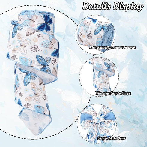 AnyDesign Spring Wired Edge Ribbon Butterfly Craft Ribbon Blue Fabric Ribbon for Wreath Bow Making DIY Crafts Wrapping Party Decor Supplies, 2 Rol...