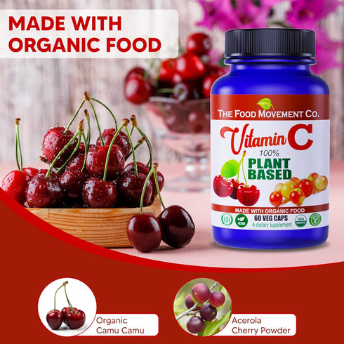 100% PLANT-BASED VITAMIN C 60 Capsules 125mg - Adults Immune System Antioxidant Support Dietary Supplement - Whole Food Vegan Supplements from Org...