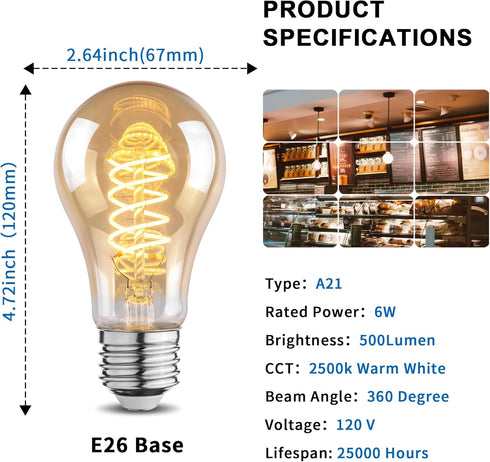 LED Edison Light Bulbs, 6W Equivalent to 60W, 2500K Warm White, A21 Flexible Spiral LED Filament Light Bulbs, Dimmable Vintage LED Bulb, Antique L...
