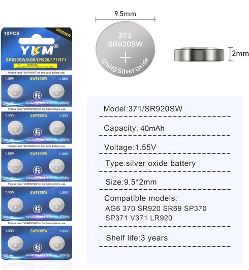 SR920SW 370 371 Watch Battery AG6 LR921 V371 1.55V Silver Oxide Battery Long Lasting Button Coin Battery 40 Pack...