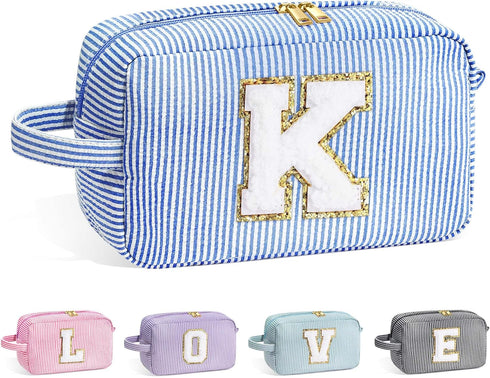 Makeup Bag for Women - Monogram Cute Initial Blue Makeup Bags Cosmetic Toiletry Pouch Make Up Case for Women Her Best Friend Friendship Sister Tea...