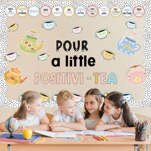 94Pcs Positivi-Tea Bulletin Board Set Motivational Paper Cutouts with 200Pcs Glue Points Kettle Teacup Bulletin Border Stickers for Classroom Offi...
