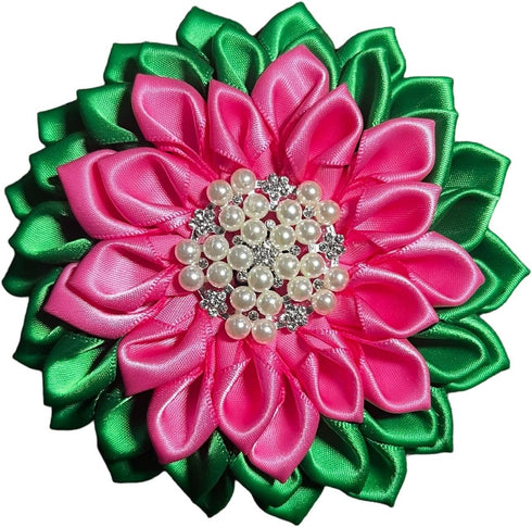 AKA Sorority Paraphernalia Flower Brooch Pin for Women Greek (Satin Pink & Green 4.5 in. Pin w/Imitation Pearls), Green,Pink...